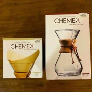 Brand new CHEMEX coffee maker and filters.